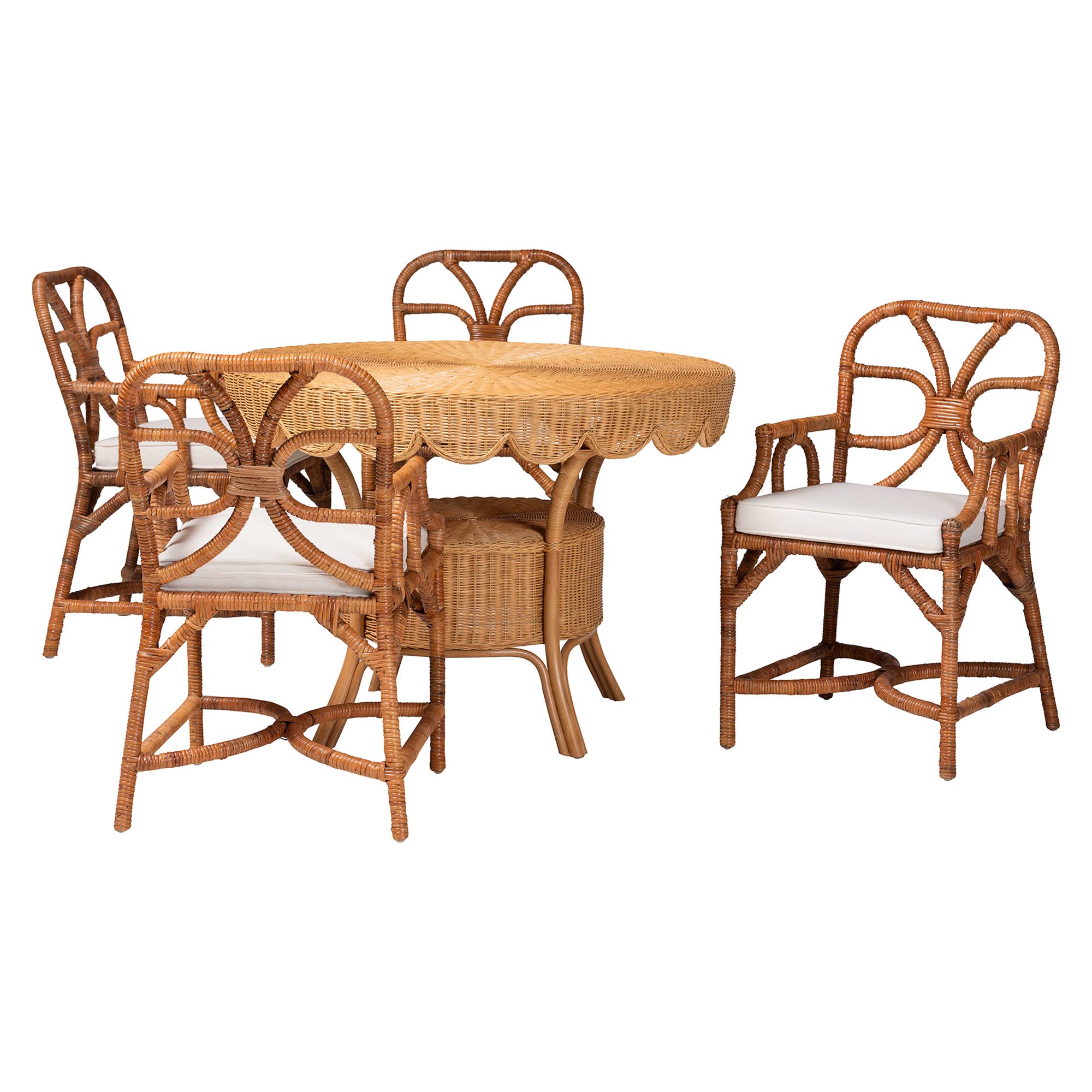 bali & pari Trevor 5-Piece Rattan Dining Set - Round Wicker Table with Scallop Edge and 4 Armchairs, Handwoven Boho Coastal Style for Dining, Kitchen or Sun Room, Light Honey Affordable modern furniture in Chicago, classic dining room furniture, modern dining sets, cheap dining sets